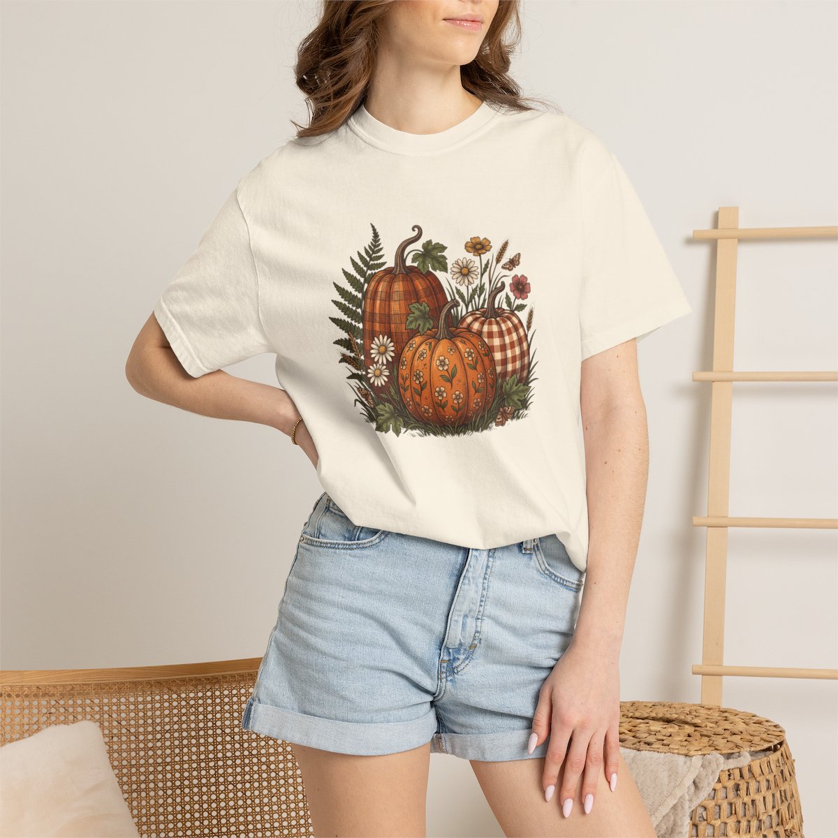 Patterned Pumpkin tee in ivory, worn