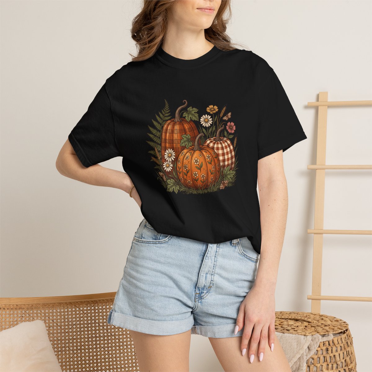 Patterned Pumpkin tee in black, worn