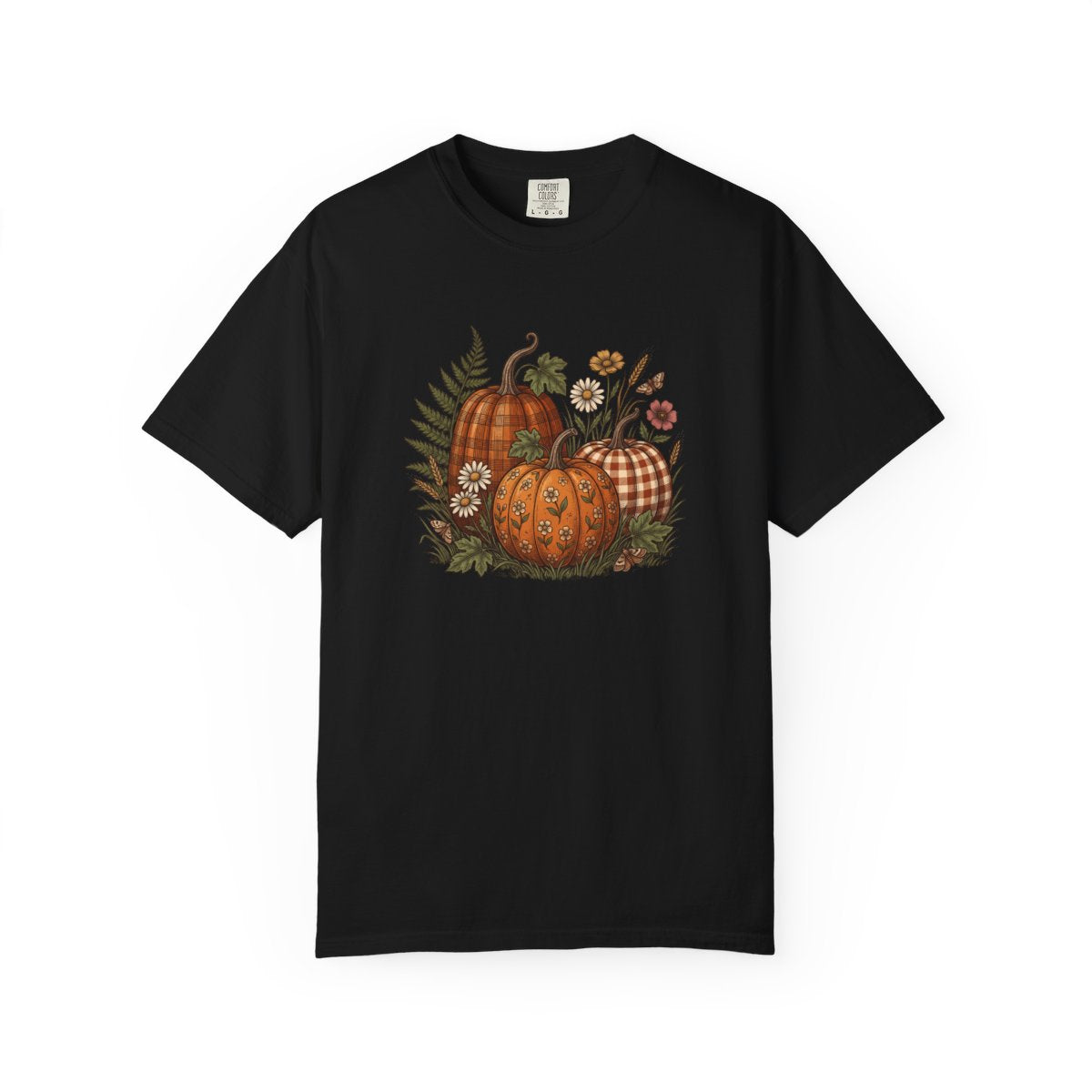Patterned Pumpkin design printed on a black tee, front view