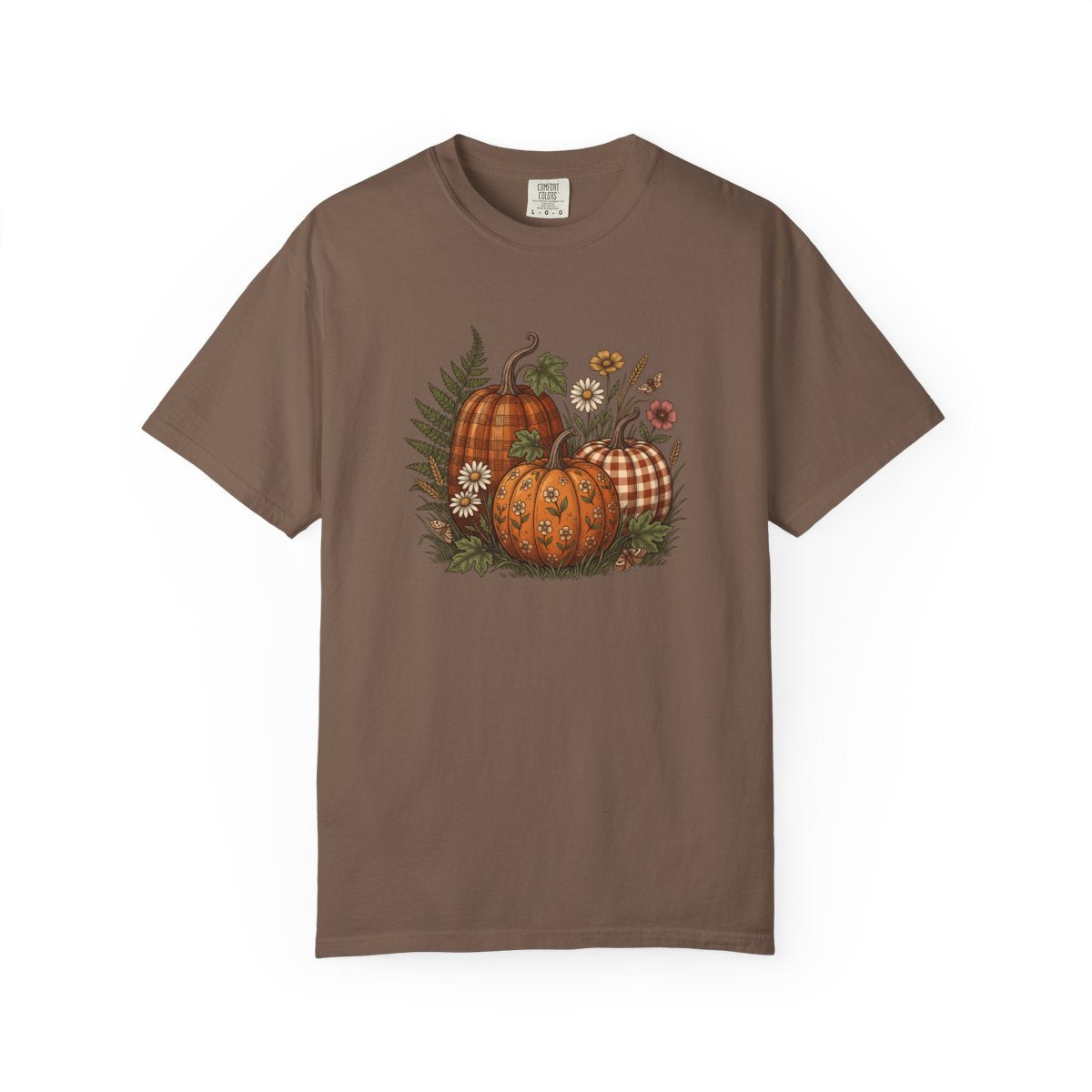 Patterned Pumpkin design printed on a espresso tee, front view