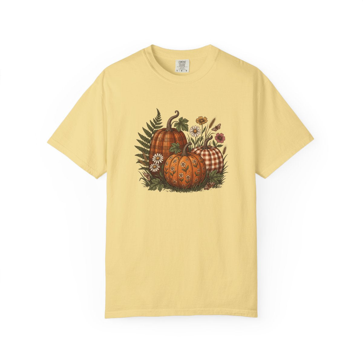 Patterned Pumpkin design printed on a butter tee, front view