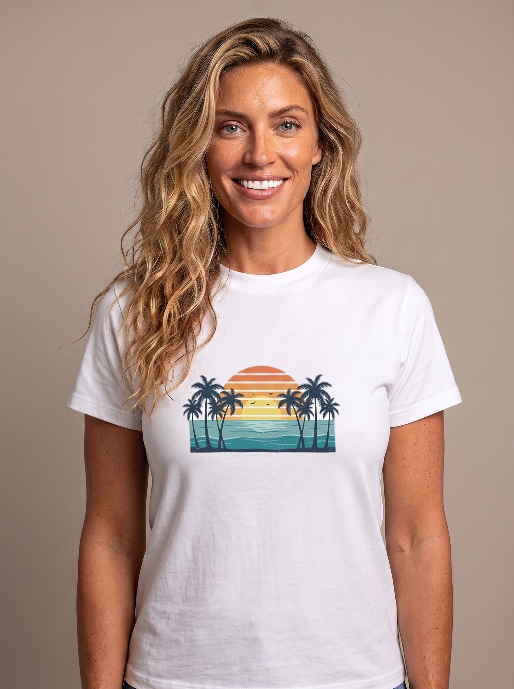 Woman wearing the Retro Beach Sunset tee in White, vintage sunset with palms and ocean waves screen printed on the center chest