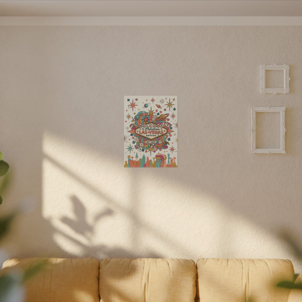 Retro Las Vegas casino canvas hanging on a sunlit wall above a mustard sofa in a bright living room