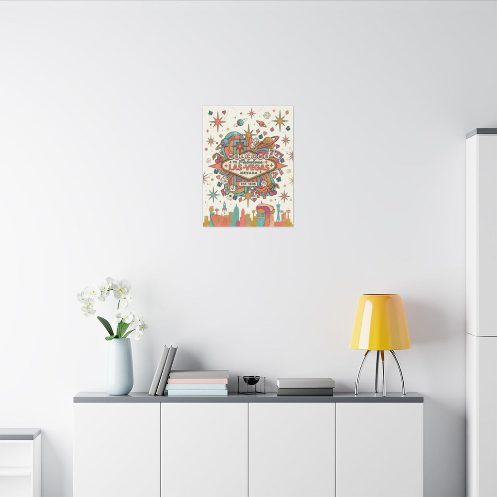 Retro Las Vegas casino canvas on a white wall above a sideboard with a yellow lamp and orchids