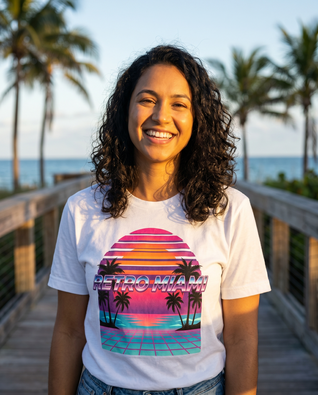 Retro Miami Sunset Tee on a smiling model at a Miami beach boardwalk — 80s synthwave Comfort Colors graphic tee