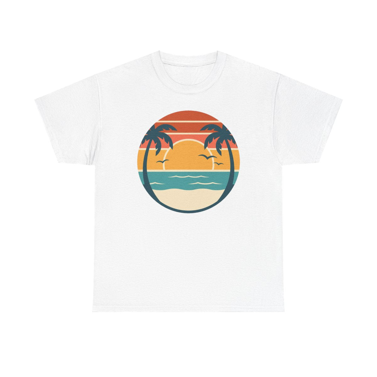 Retro Sunset Circle badge tee in White, vintage circle with two palms, striped sunset over the ocean and beach
