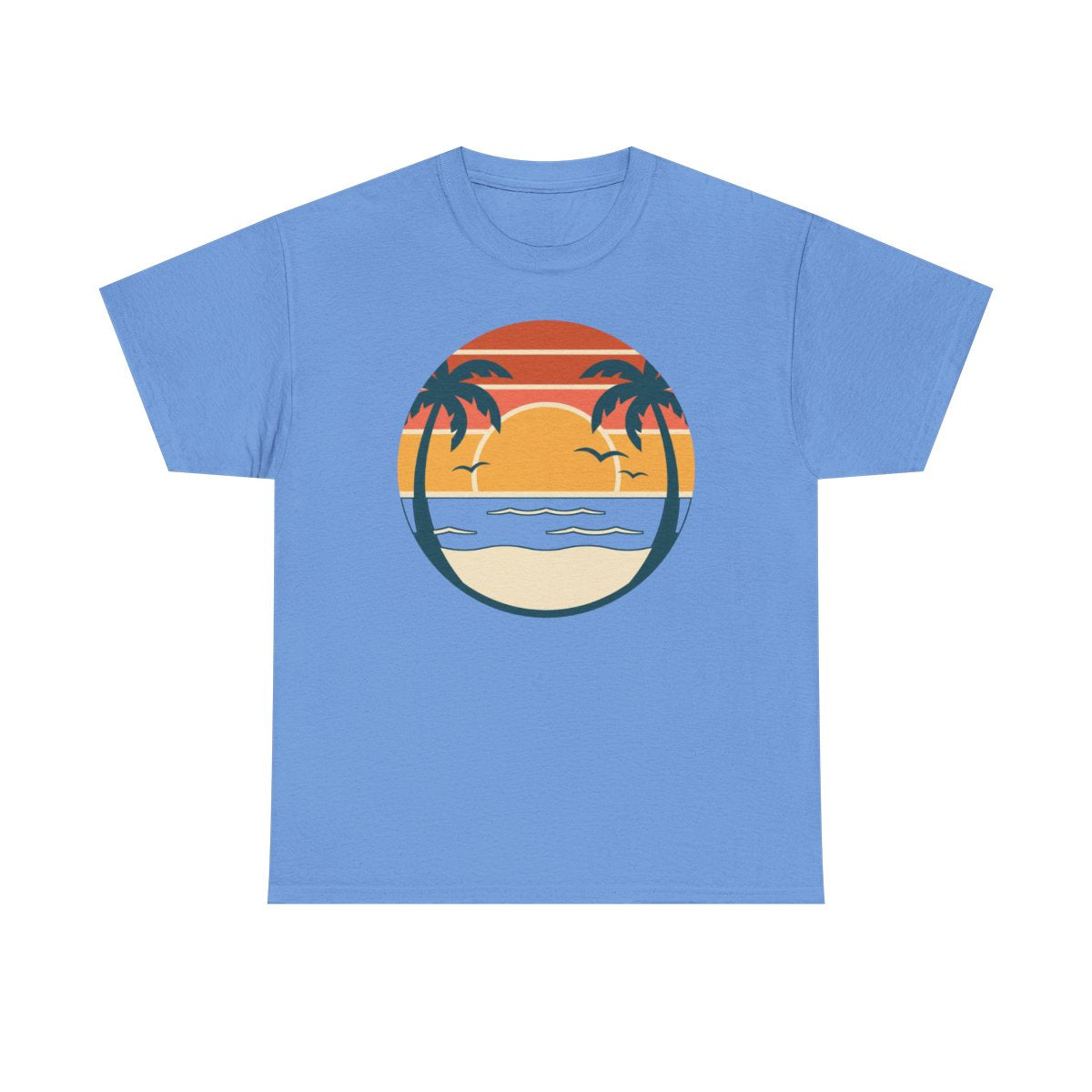 Retro Sunset Circle badge tee in Carolina Blue, vintage circle with two palms, striped sunset over the ocean