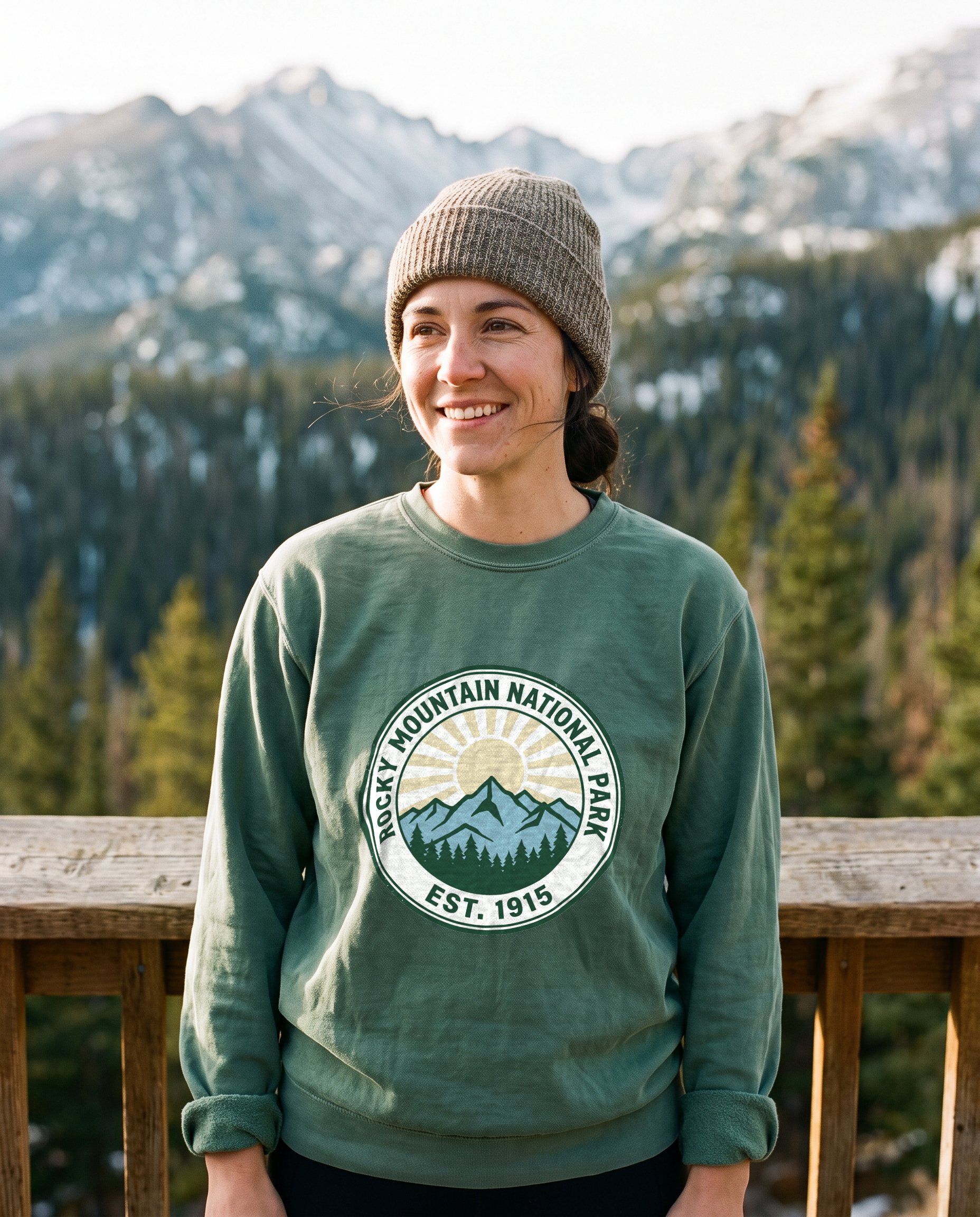 Rocky Mountain National Park fern crewneck on model, badge centered