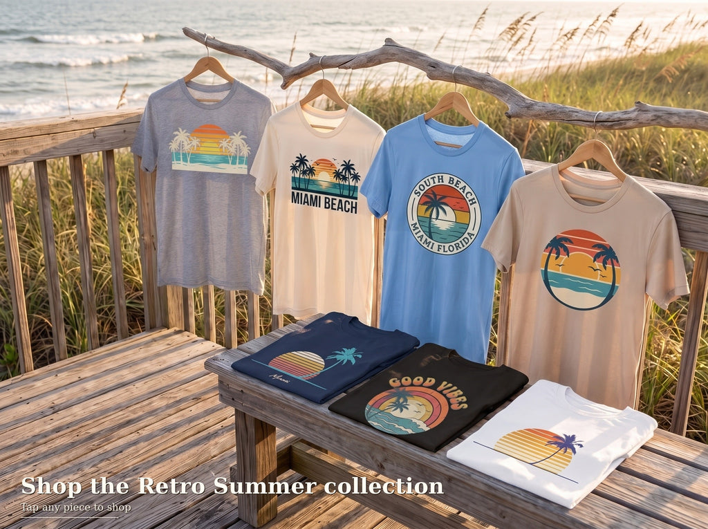 Shop the Retro Summer collection board, seven retro beach tees on a beach house deck, tap any piece to shop