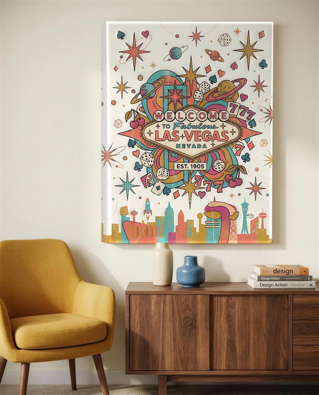 Retro Las Vegas atomic casino canvas above a mid century credenza