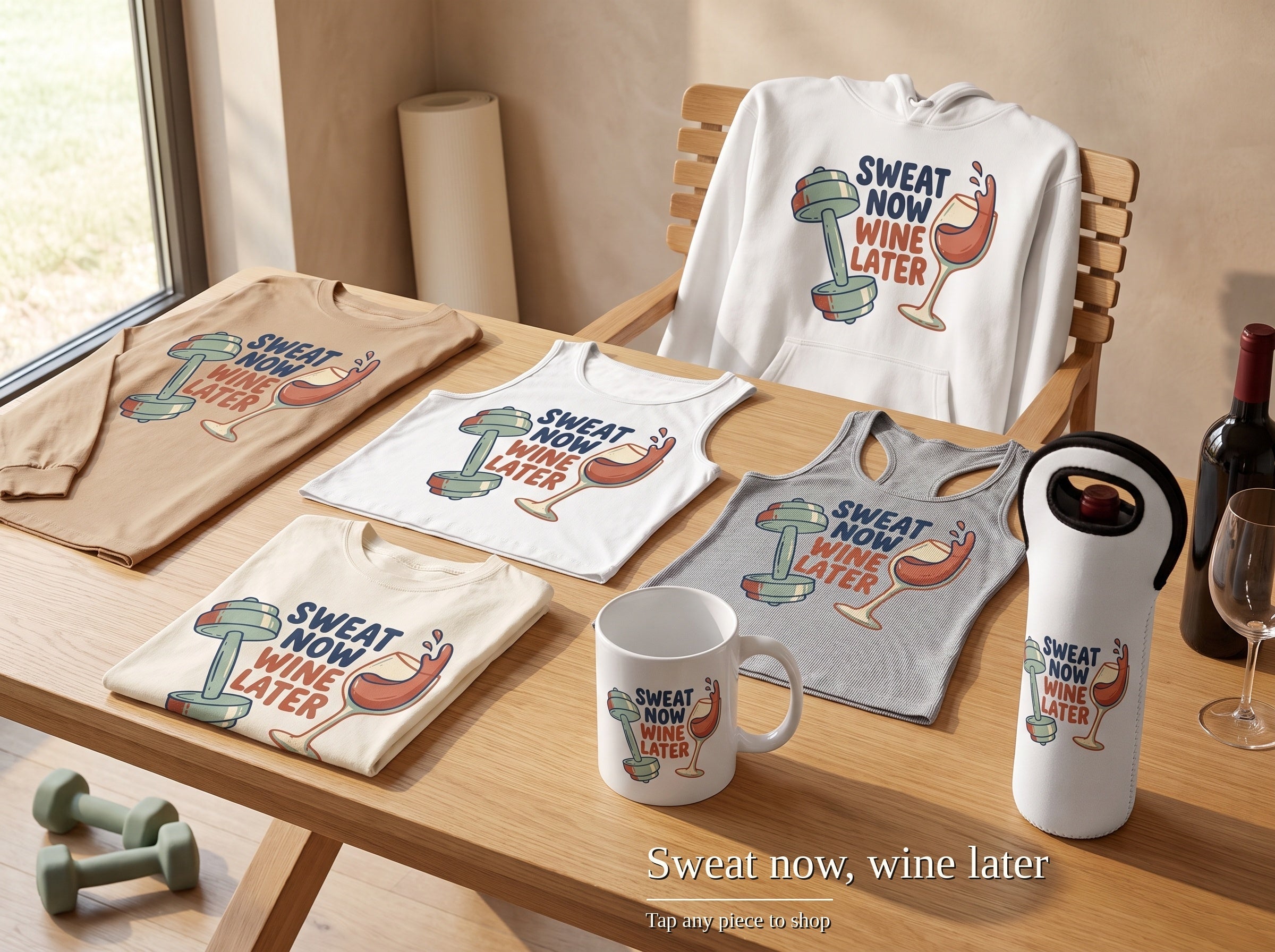 Sweat Now Wine Later collection on a sunlit oak table: tee, hoodie, long sleeve, tank, racerback tank, 11oz mug and insulated wine bottle carrier, tap any piece to shop