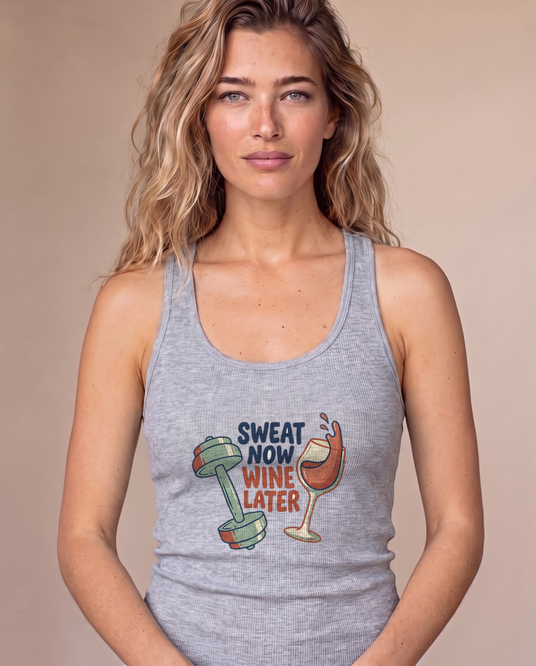 Sweat Now Wine Later grey racerback tank on model, print centered