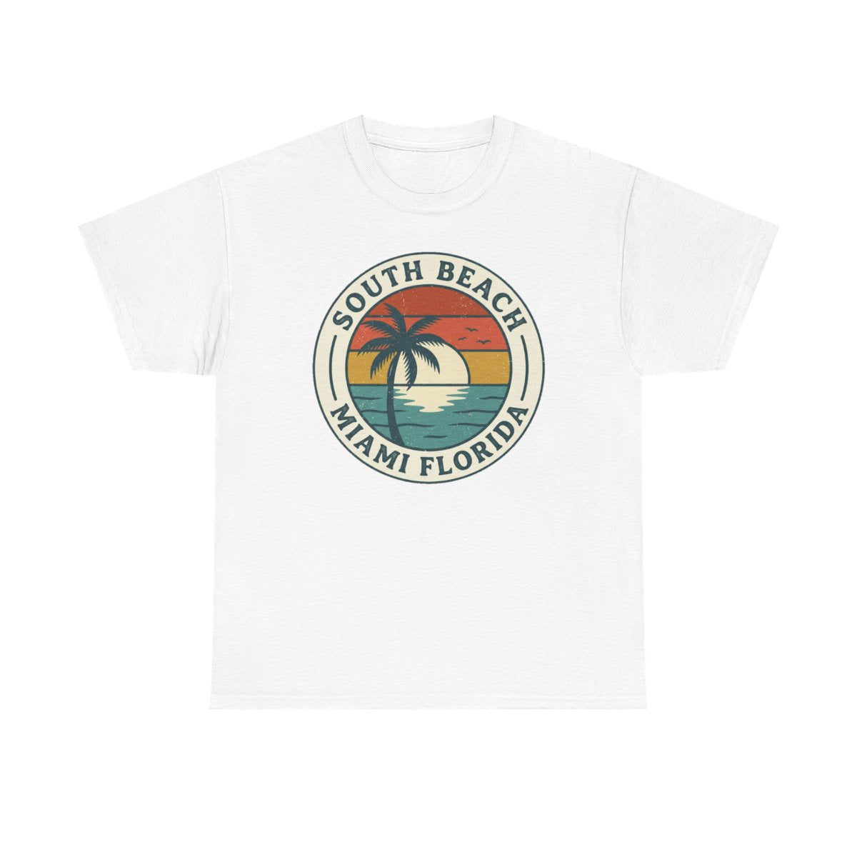 South Beach Miami retro badge tee in White, front product view with the full travel badge centered on the chest