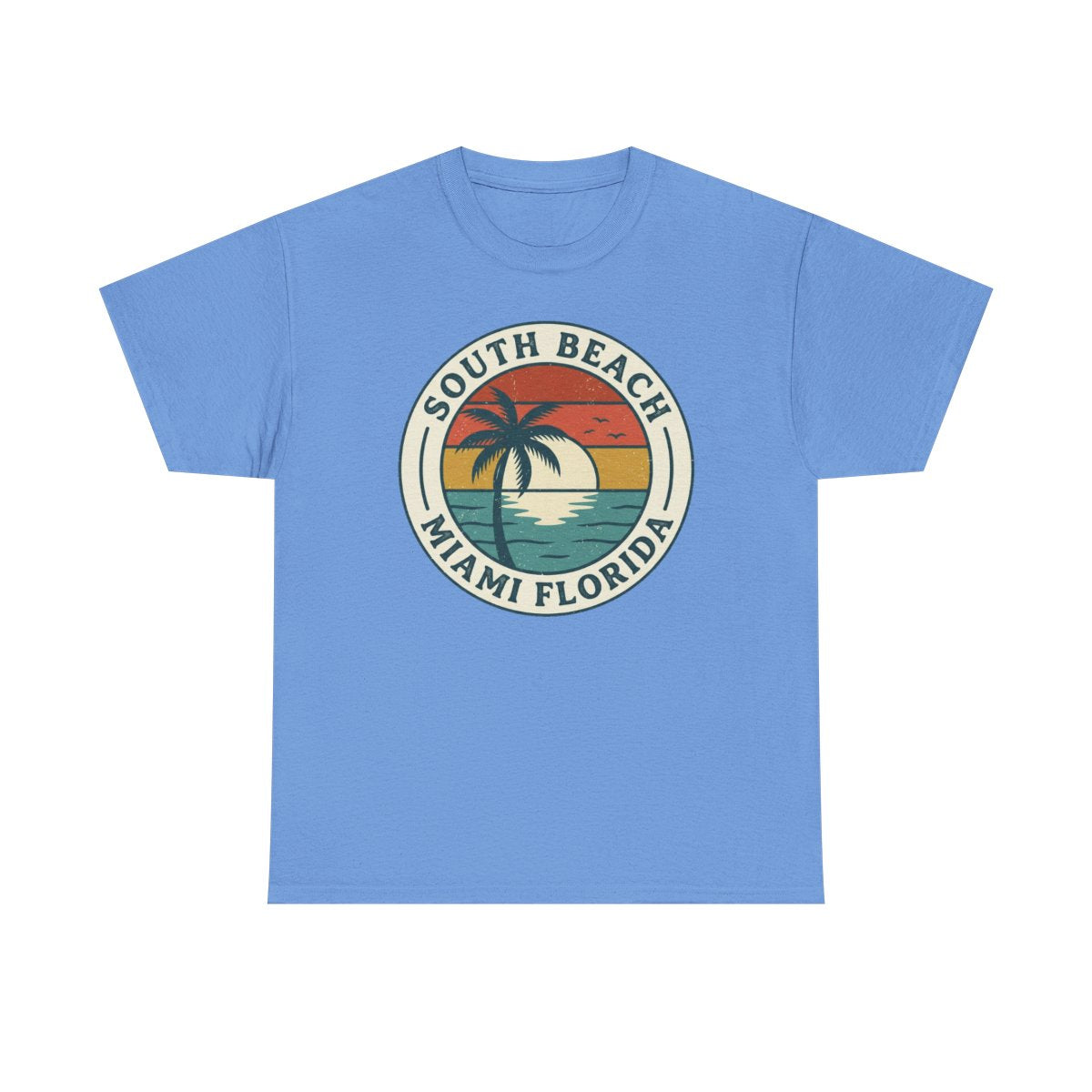 South Beach Miami retro badge tee in Carolina Blue, front product view