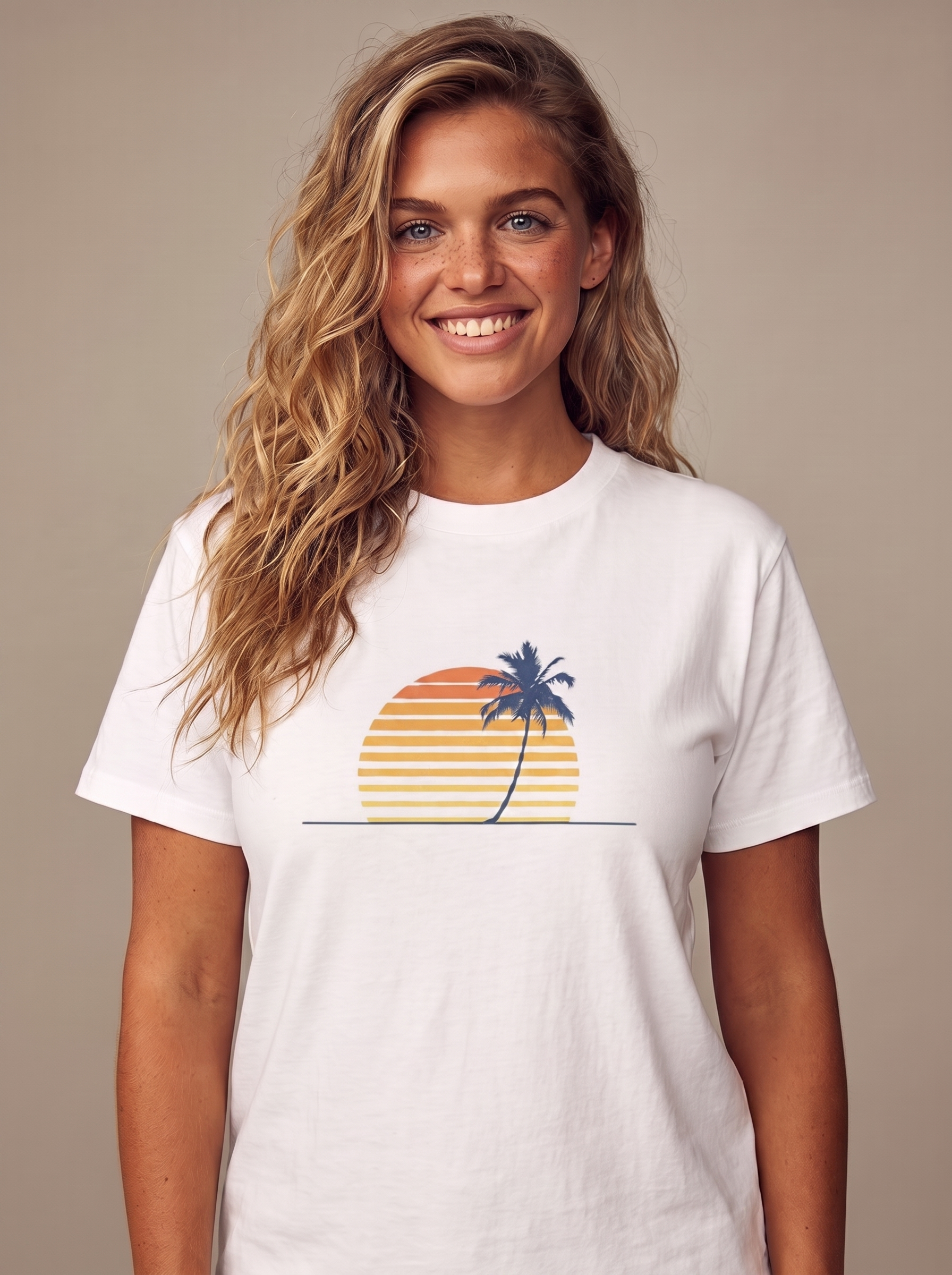 Woman wearing the Retro Palm and Sunset minimalist tee in White, clean palm and striped sunset screen printed on the center chest