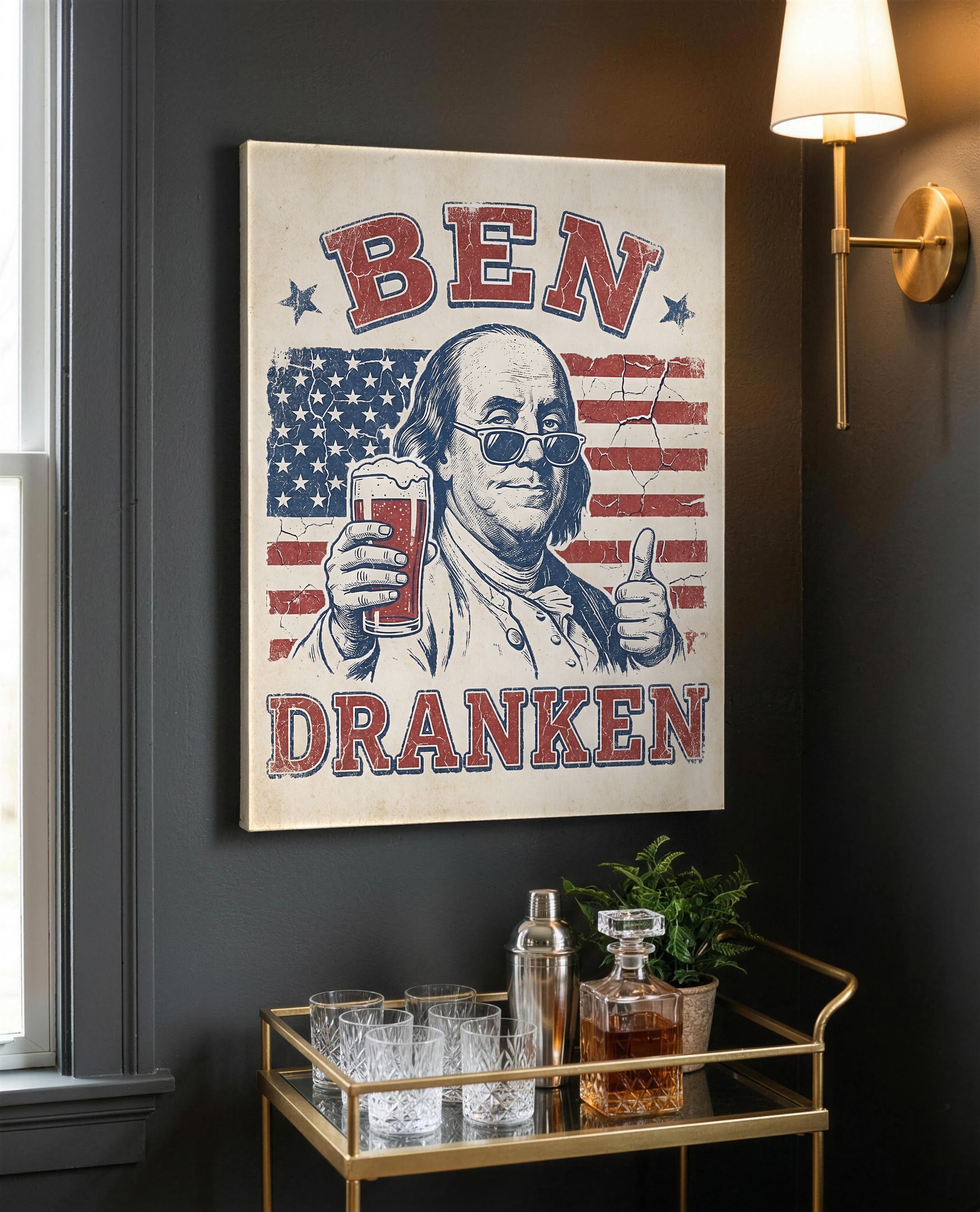 Ben Dranken canvas above a gold bar cart on a charcoal wall