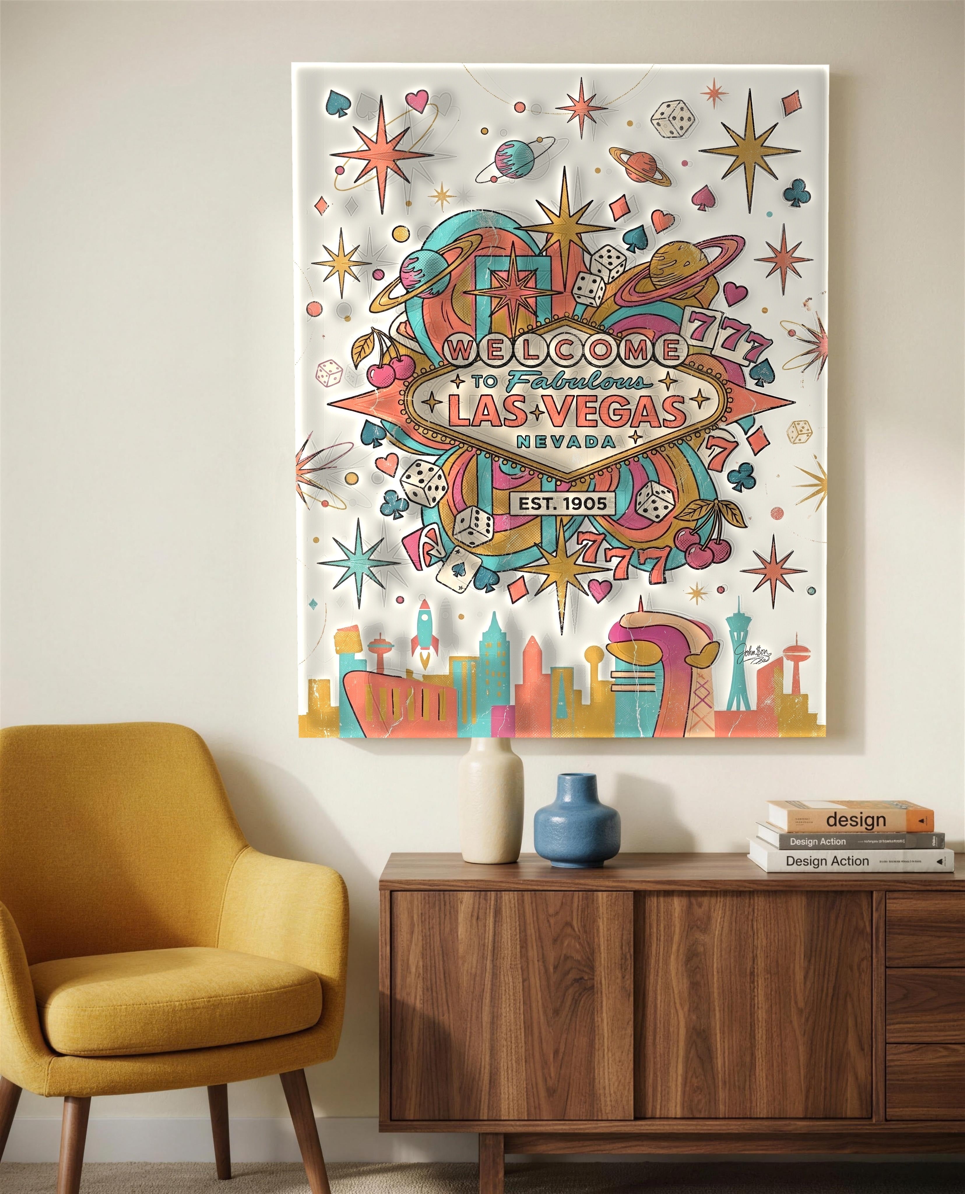 Retro Las Vegas atomic casino canvas above a mid century credenza