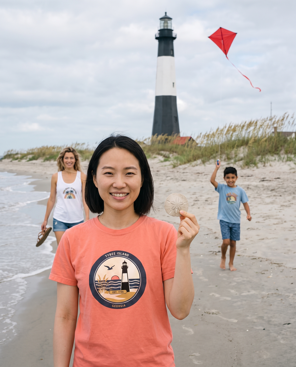 Friends on Tybee Island beach with the striped lighthouse behind, the front friend holding a sand dollar in the Tybee Island lighthouse badge tee in Bright Salmon, a friend walking the waterline in the Palm Trees and 80 Degrees tank and a boy flying a red kite in the Good Vibes kids tee
