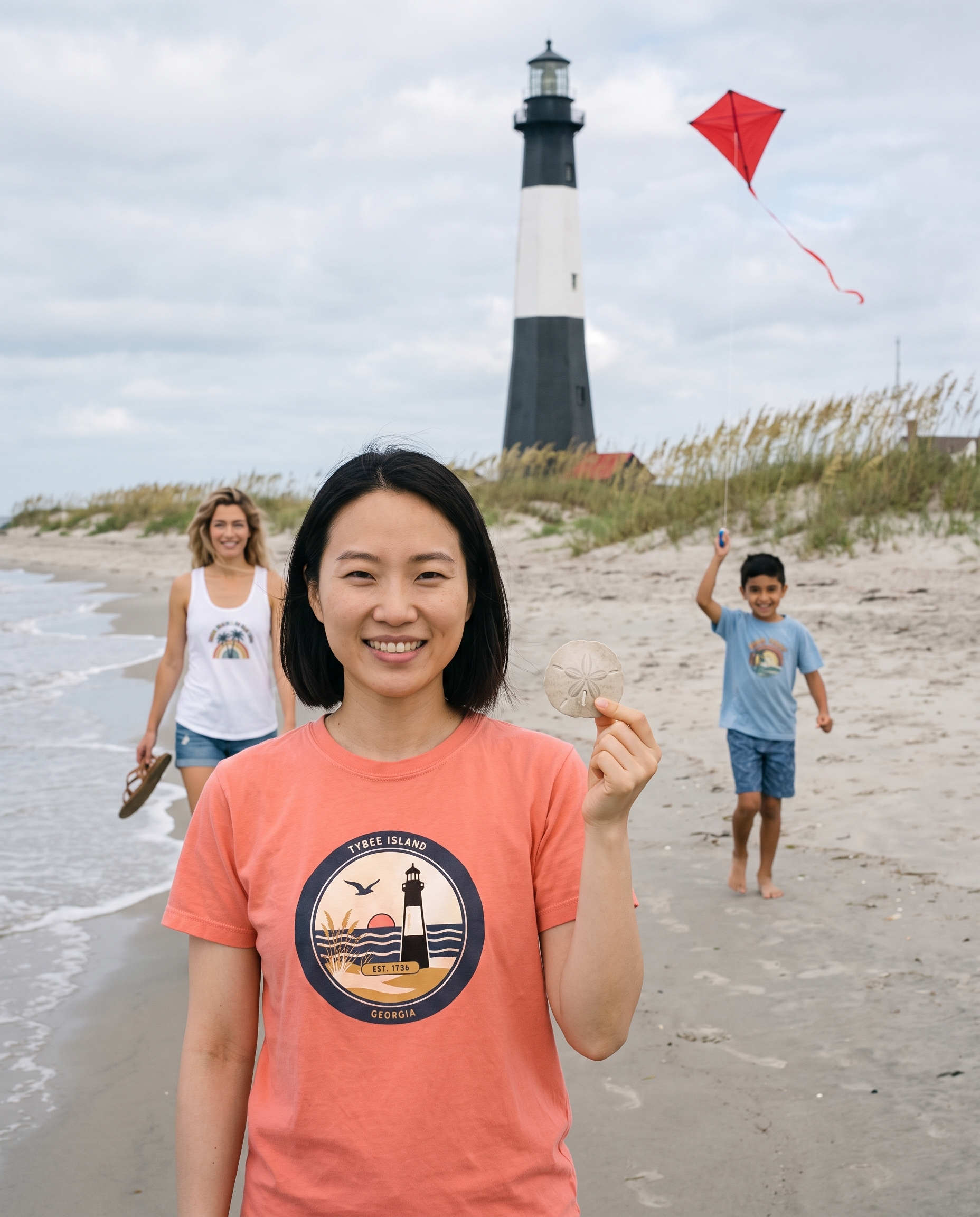 Friends on Tybee Island beach with the striped lighthouse behind, the front friend holding a sand dollar in the Tybee Island lighthouse badge tee in Bright Salmon, a friend walking the waterline in the Palm Trees and 80 Degrees tank and a boy flying a red kite in the Good Vibes kids tee