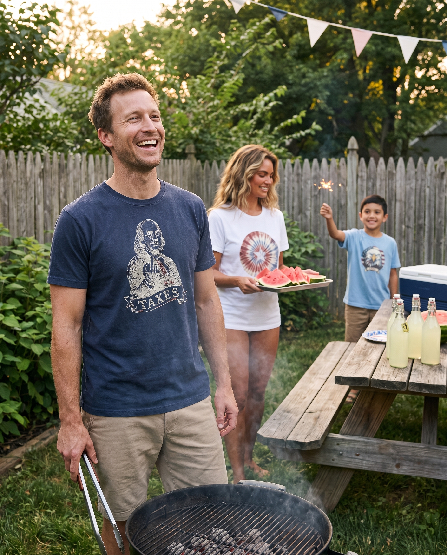 Backyard July 4th cookout, the front friend grilling in the Ben Franklin TAXES tee in True Navy with cream engraving, friends behind carrying watermelon and waving a sparkler in the tie dye stars tee and the winking 1776 eagle kids tee