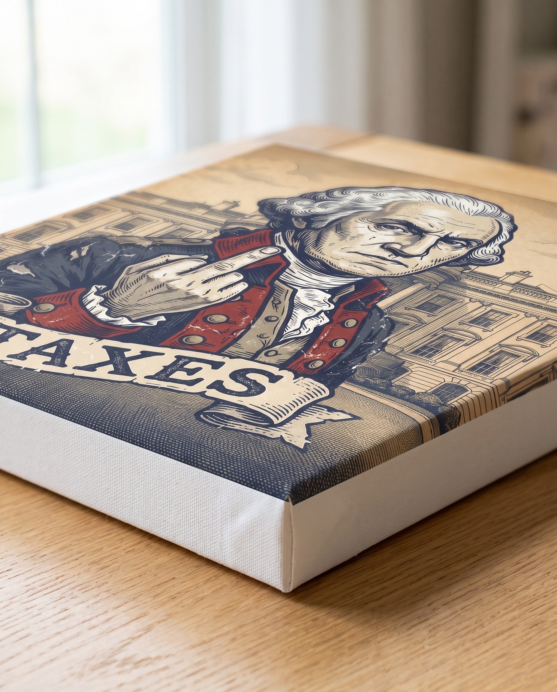 Corner detail of the George Washington canvas showing the full bleed print and 0.75 inch gallery wrap