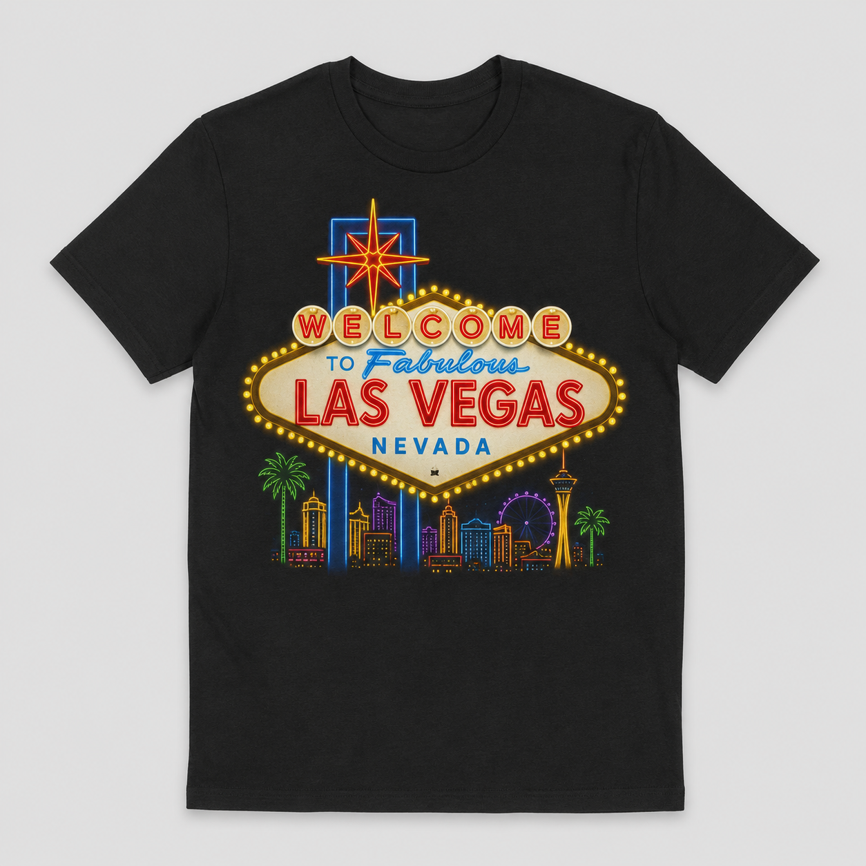 Welcome to Fabulous Las Vegas neon sign graphic on a black t-shirt