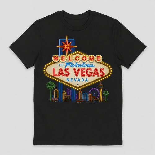 Welcome to Fabulous Las Vegas neon sign graphic on a black t-shirt