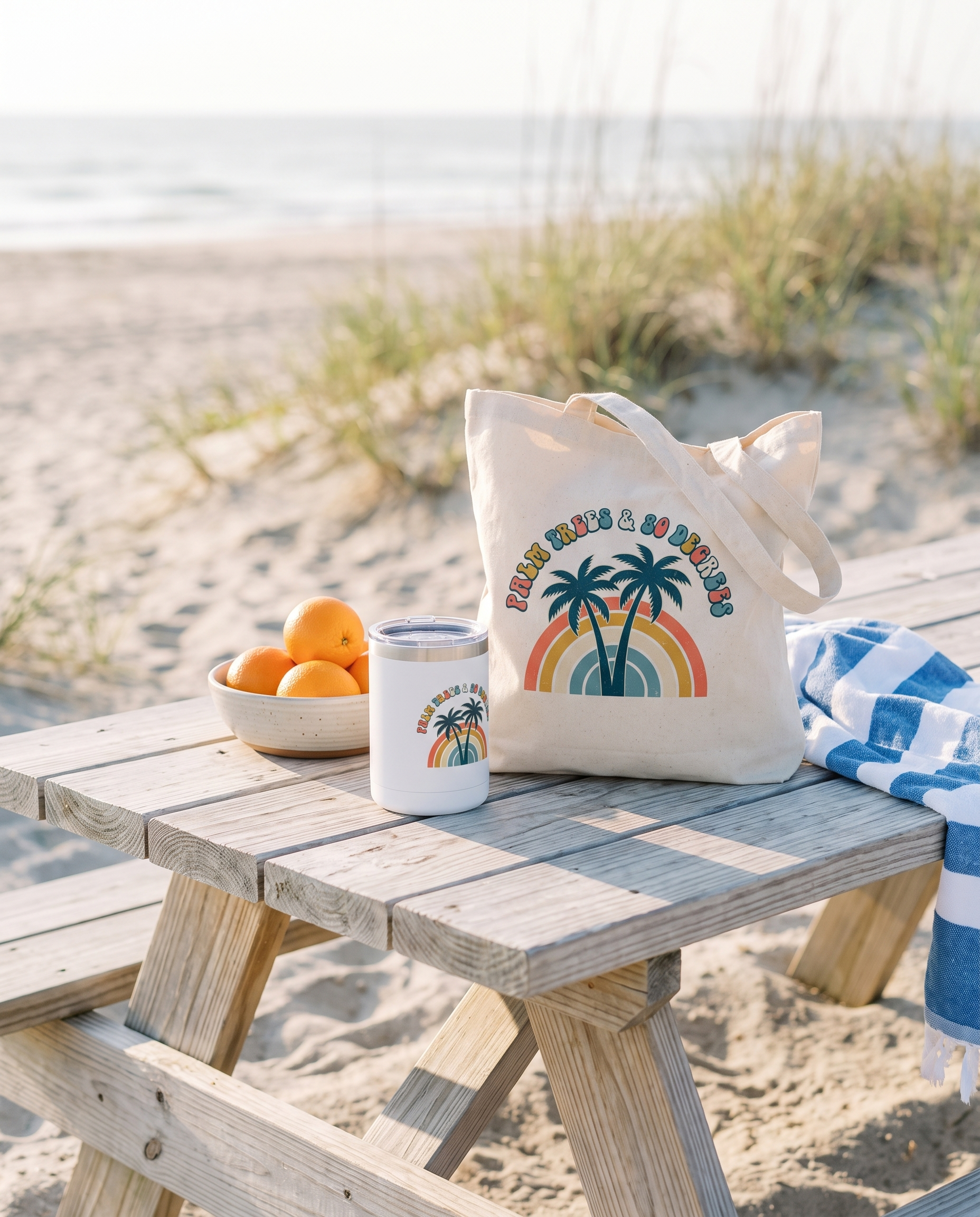 Palm Trees and 80 Degrees white 15oz insulated tumbler and canvas tote on a beach picnic table, both with the rainbow palms design