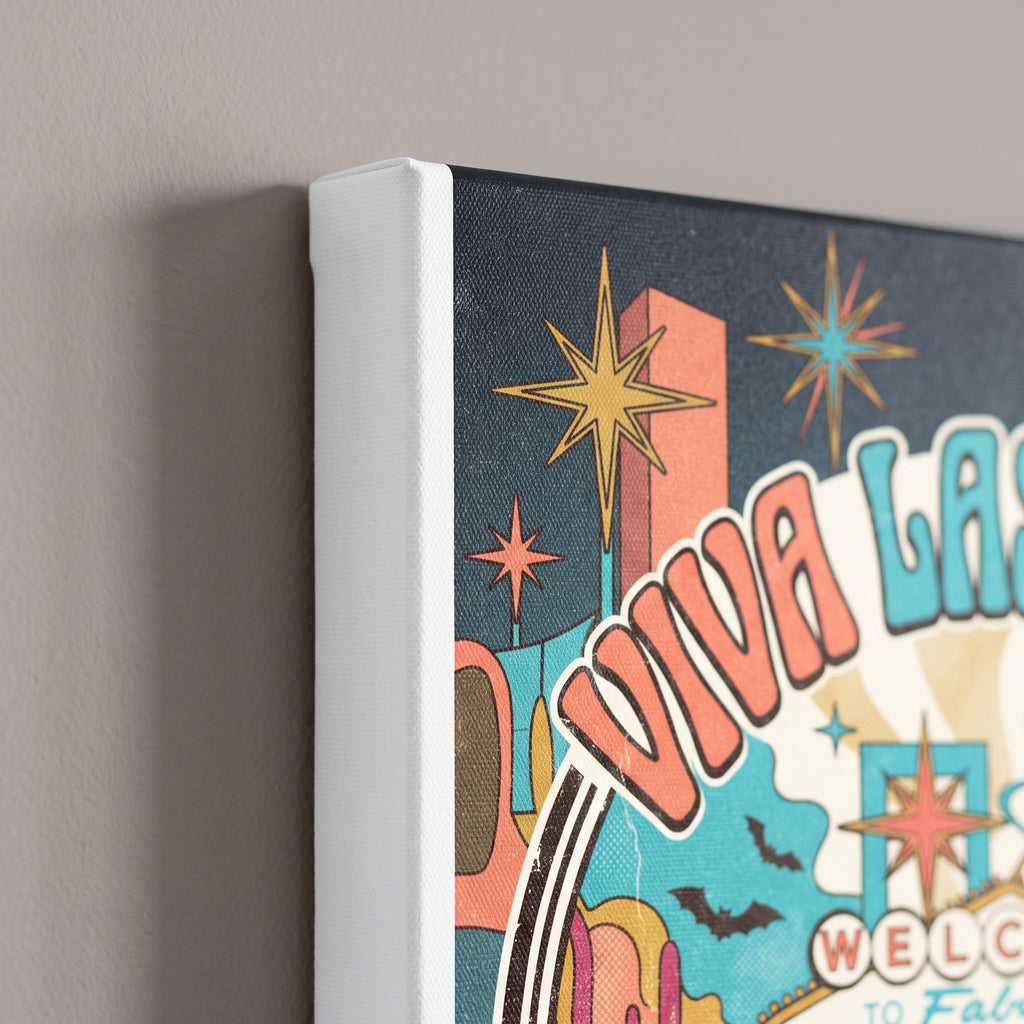 Corner detail of the Viva Las Vegas canvas showing the 0.75 inch gallery wrap