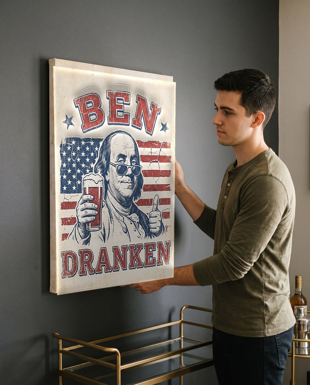 Man leveling the Ben Dranken canvas, showing its true 18 by 24 inch size