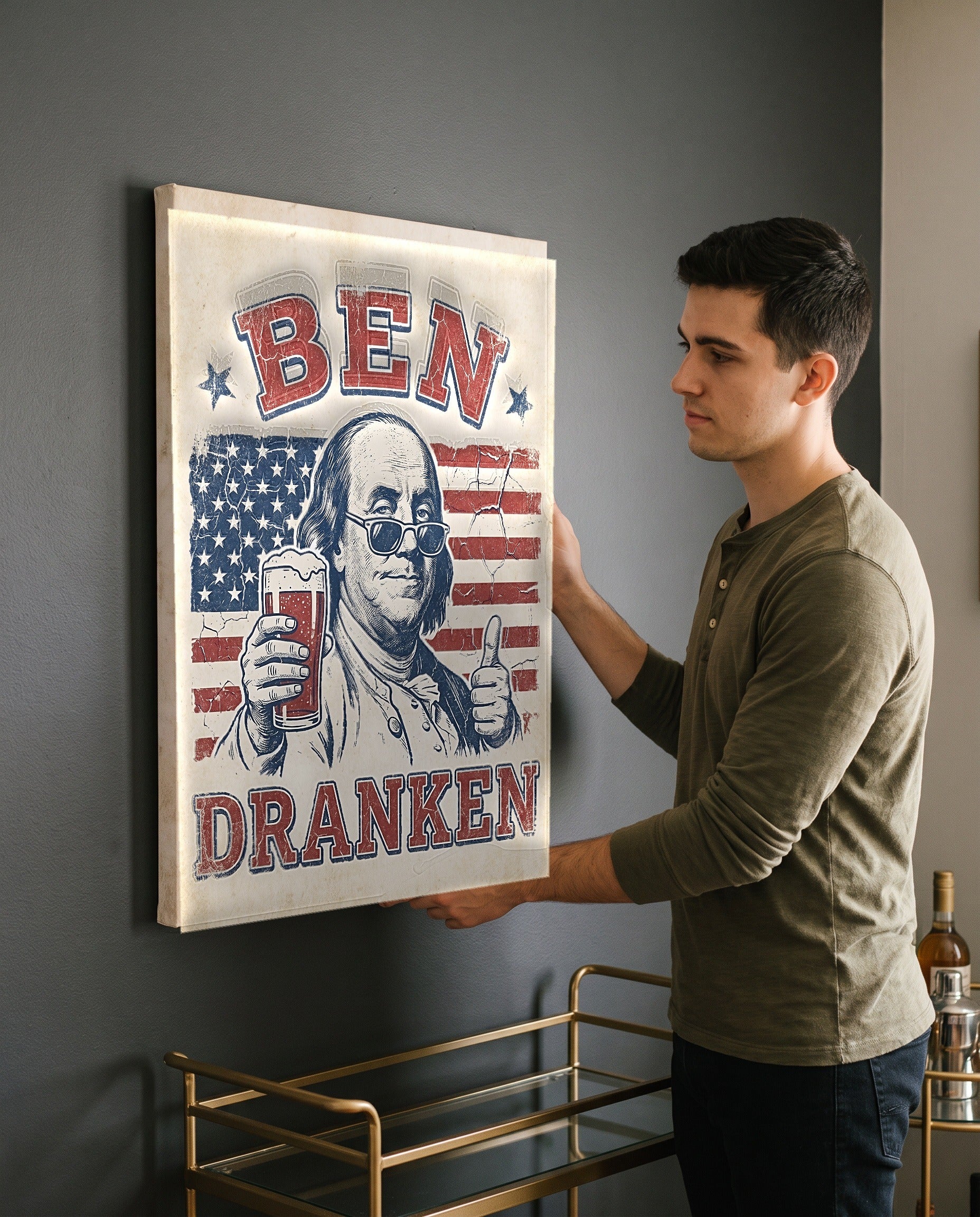 Man leveling the Ben Dranken canvas, showing its true 18 by 24 inch size