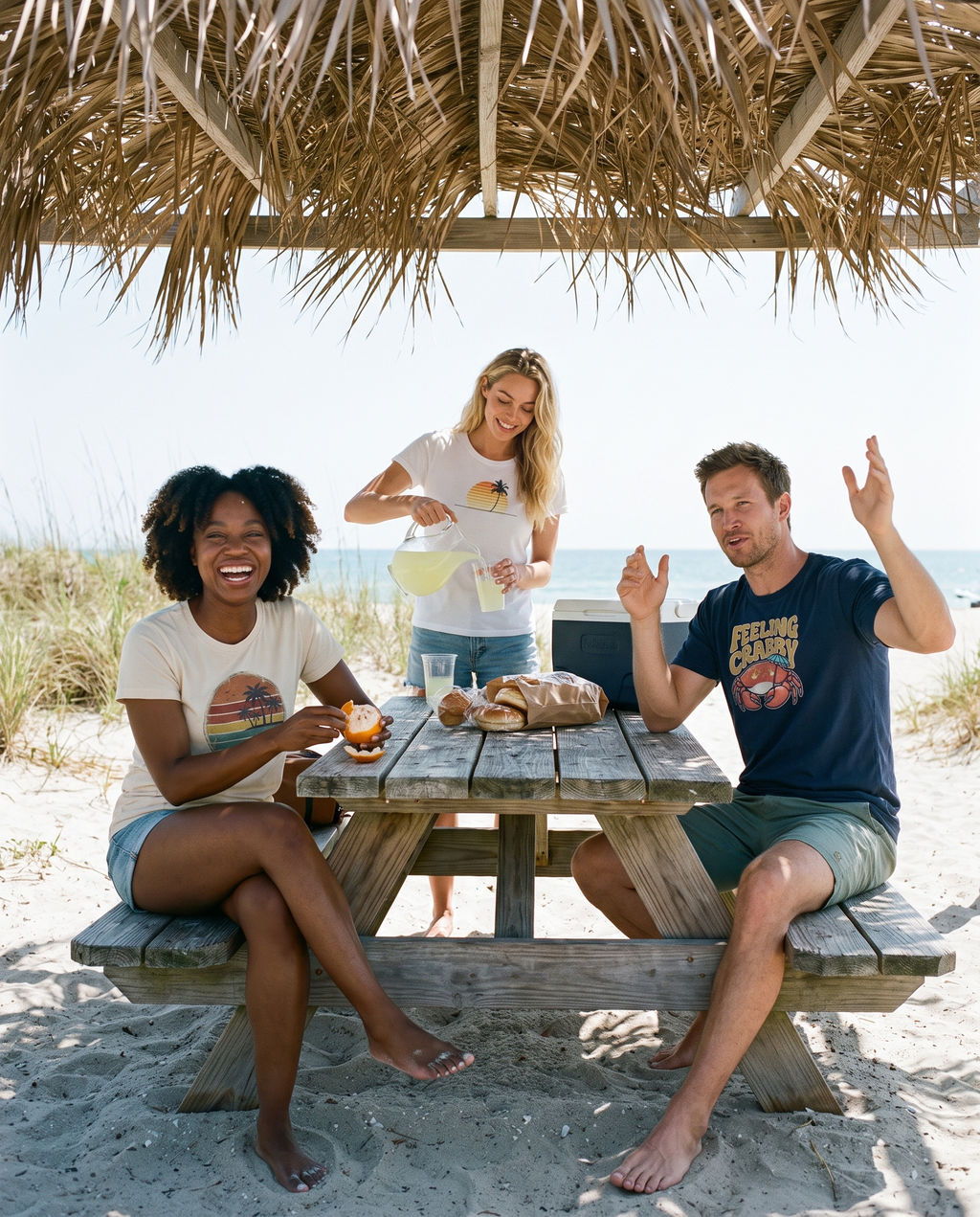 Beach picnic table under a palm shade, the front friend peeling an orange in the Retro Sunset Circle badge tee in Natural, friends with lemonade in the Retro Palm minimalist tee and the Feeling Crabby cream on navy tee