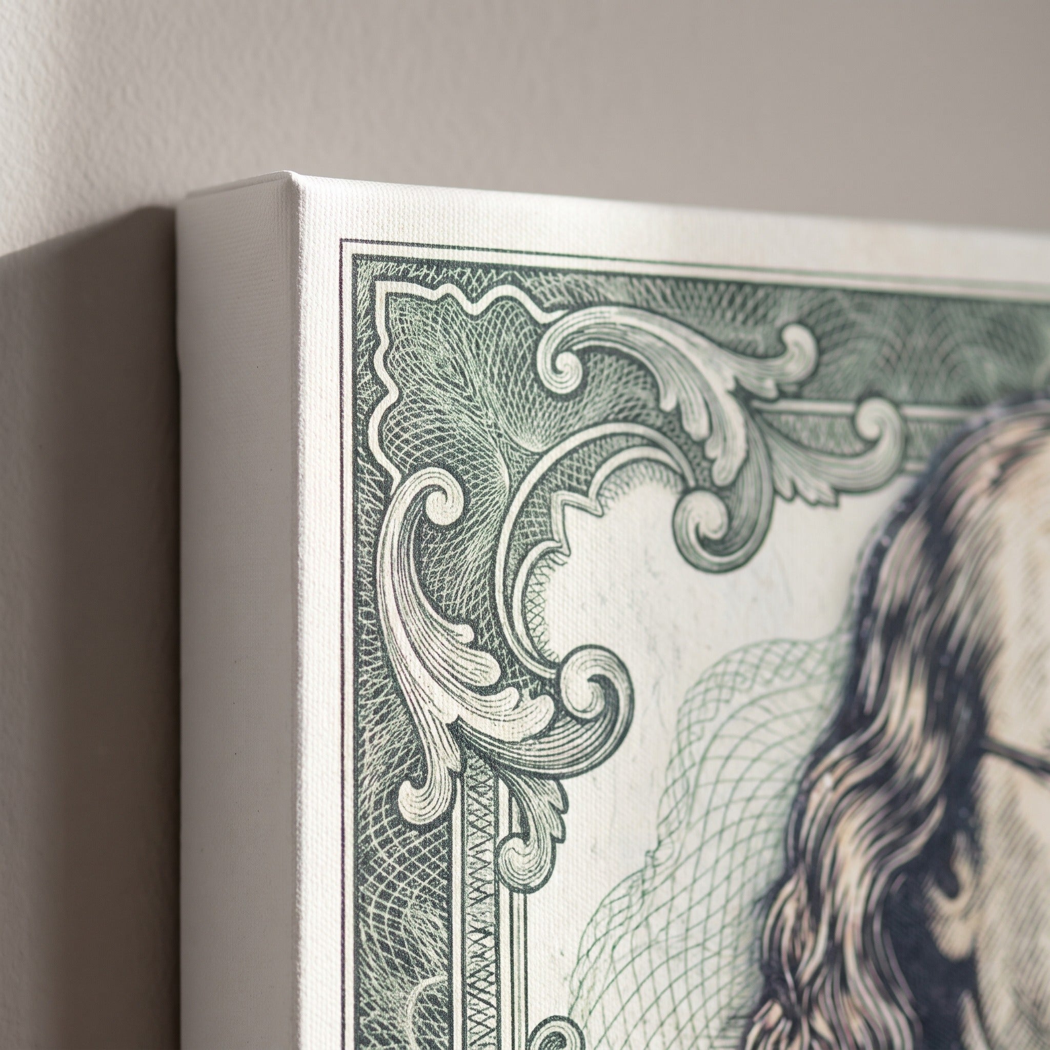 Corner detail of the Ben Franklin Taxes canvas showing the 0.75 inch gallery wrap