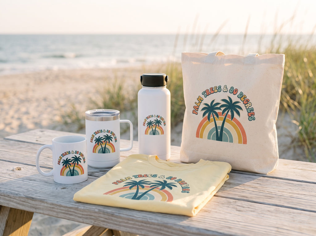 Palm Trees and 80 Degrees collection on a beach table: tee, 11oz mug, 15oz handle tumbler, 32oz bottle, and canvas tote, all with the retro rainbow palms design