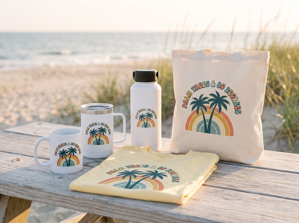 Palm Trees and 80 Degrees collection on a beach table: tee, 11oz mug, 15oz handle tumbler, 32oz bottle, and canvas tote, all with the retro rainbow palms design