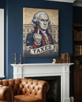 George Washington Taxes canvas above a white mantel in a navy study