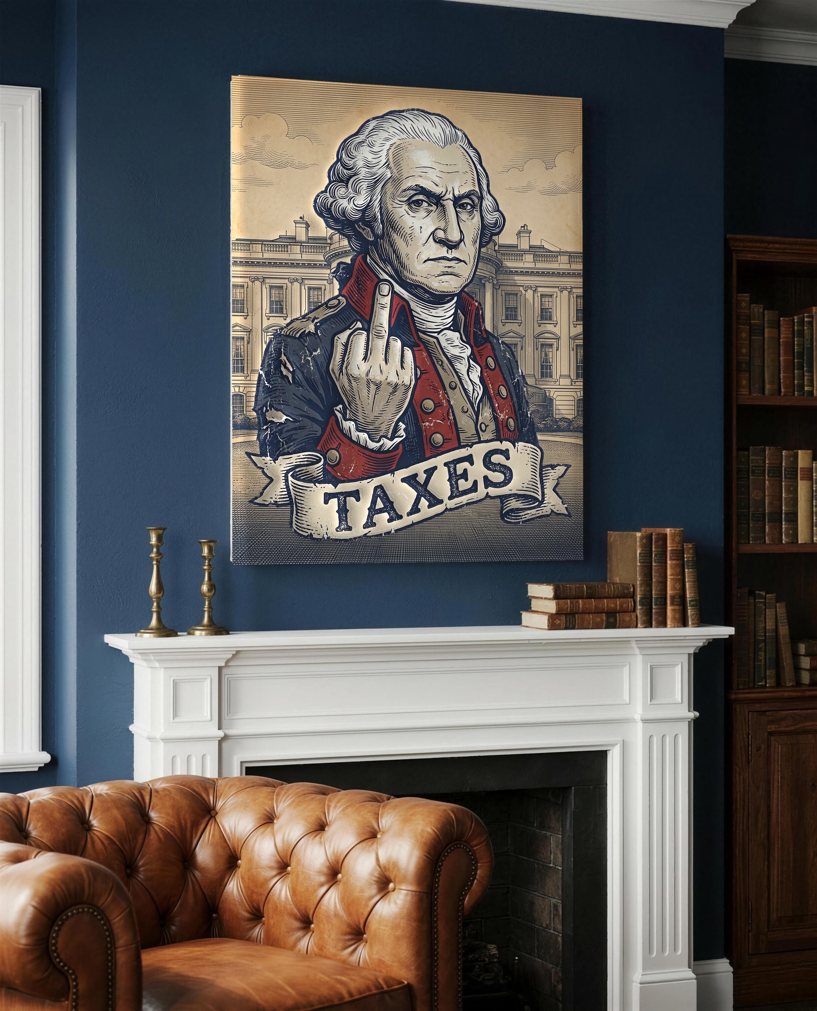 George Washington Taxes canvas above a white mantel in a navy study